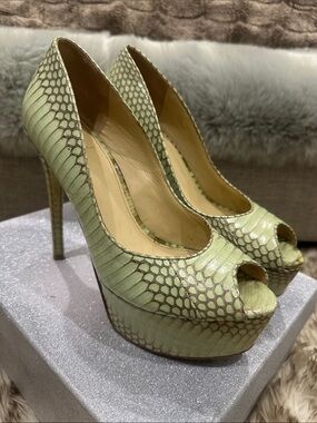 BRIAN ATWOOD Light Green Snake-Embossed Peep-Toe Platform Pumps
